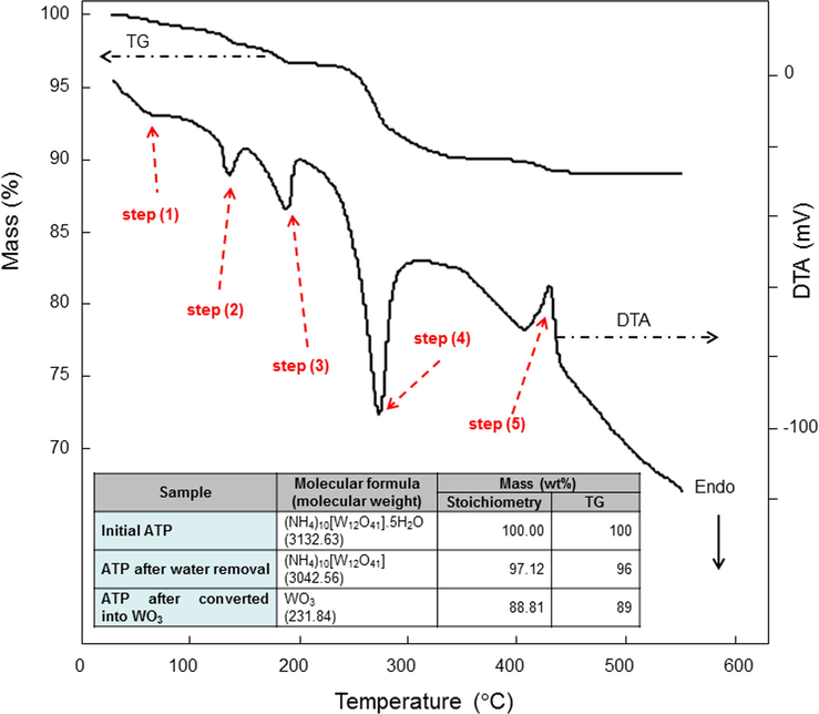 TG-DTA analysis result of ATP. Attached table is a prediction of mass calculated using stoichiometry.