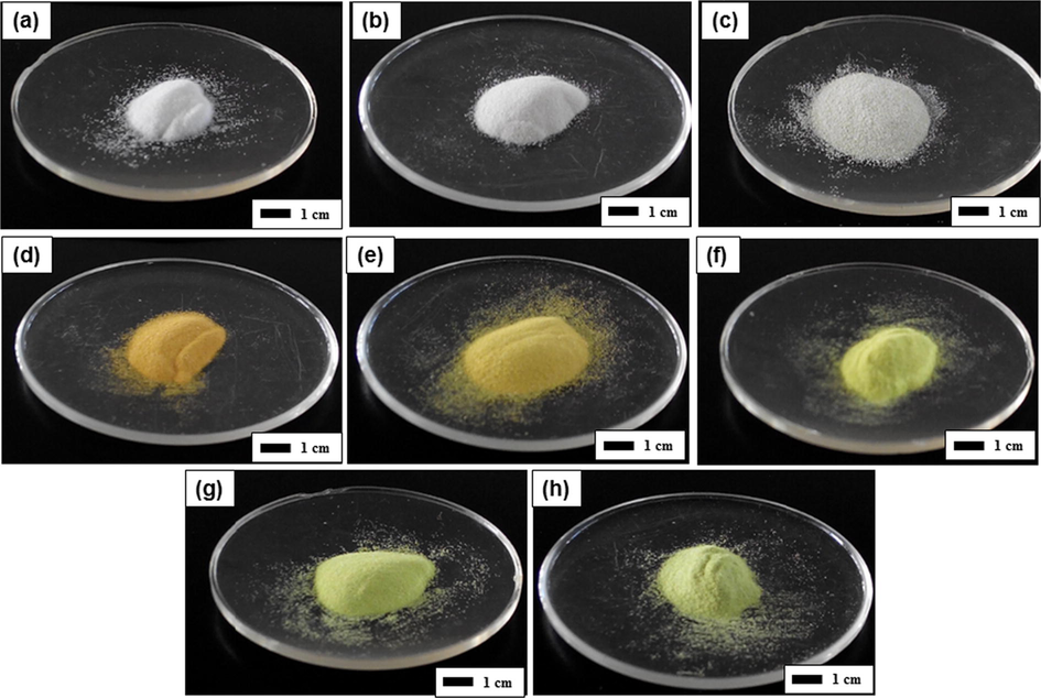 Photograph images of ATP heated with various temperatures. Figure (a) is the initial ATP powder. Figures (b), (c), (d), (e), (f), (g), and (h) are samples heated at 150, 210, 380, 480, 600, 700, and 800 °C respectively.