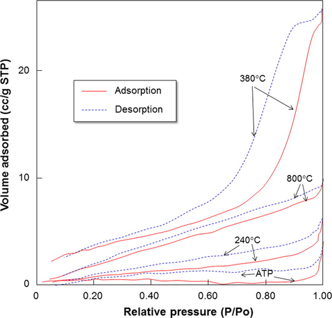 Isotherm adsorption/desorption results of samples prepared with various temperatures.