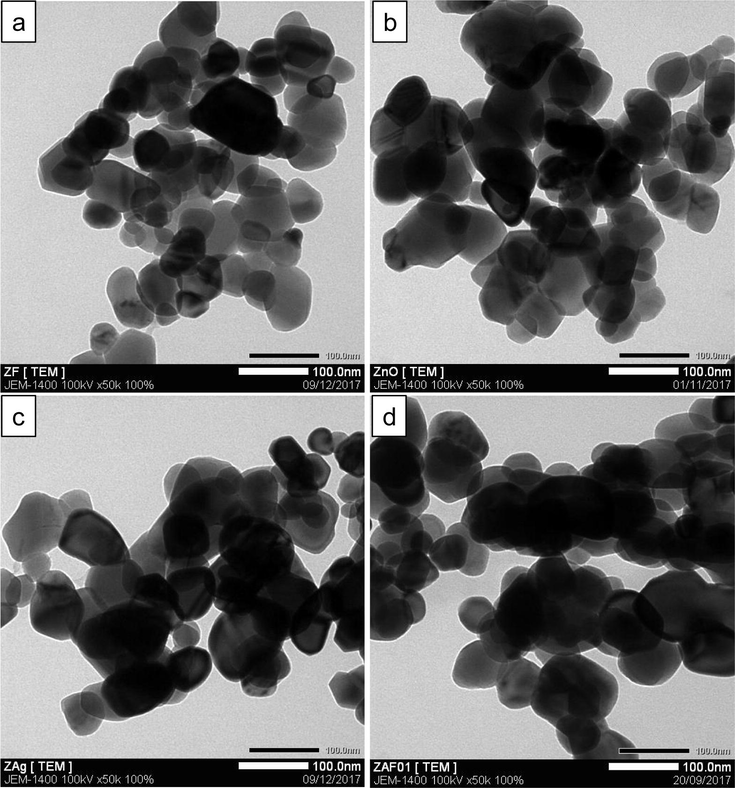 TEM images of (a) unmodified ZnO, (b) F-ZnO, (c) Ag-ZnO and (d) Ag-F-ZnO.