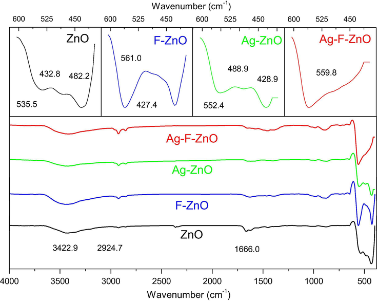 FTIR spectra of unmodified and modified ZnO samples (Ag-ZnO, F-ZnO and Ag-F-ZnO).