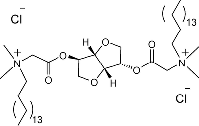 Representative chemical structure of isosorbide spacer based cationic gemini surfactant with hexadecyl chain length (denoted as 16-Isb-16).