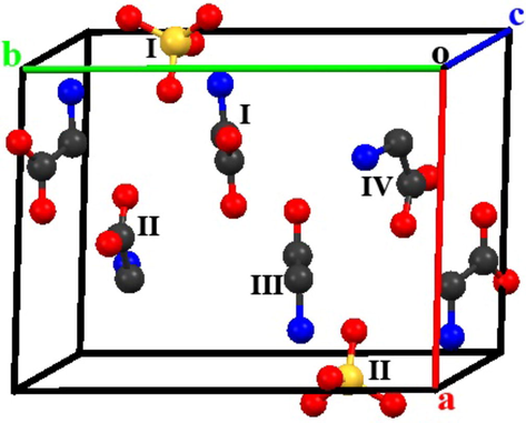 Unit cell diagram of TGS crystal. Color code: Yellow: Sulphur, Black: Carbon, Red: Oxygen, Blue: Nitrogen. Hydrogen atoms are removed for the reason of clarity.