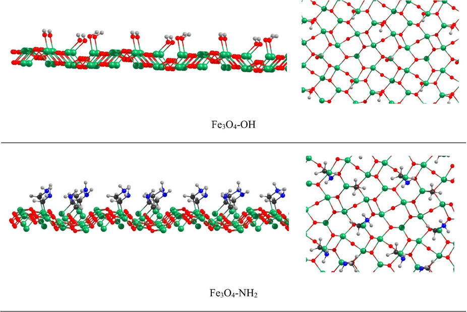 The optimized functionalized iron oxide structures (side view on the left and top view on the right) at the PBE-D/DNP-ECP level. The green, red, blue, gray, and black colors are representative of iron, oxygen, nitrogen, hydrogen, and carbon atoms, respectively.