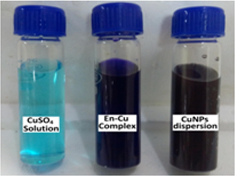The colour change during the synthesis of CuNPs (Light blue-dark blue/violet-brown/black).
