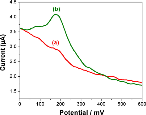 Differential pulse voltagrams of CuNPs/MWCNT-NIP (a) and CuNPs/MWCNT-MIP sorbents modified GCE (b) in PBS buffer (pH 7) after incubation and shaking in 1 × 10−5 mol L−1 l-DOPA solution for 9 min with a scan rate of 20 mV s−1, a pulse amplitude 50 mV, and a pulse width of 50 ms.