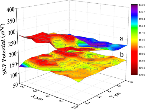The Scanning Kelvin probe microscopy maps of (a) black P25 and (b) black TiO2(B).