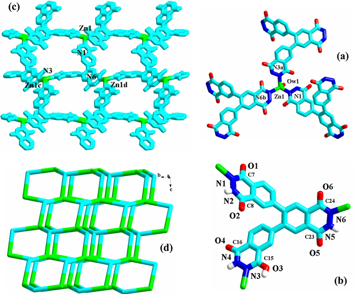 Coordination environment around Zn1 (a), coordination mode of HL22− (b), 3-D network (c) and its topology (d) for 3 (a: x, y, z + 1; b: y, −x + y, −z + 1; c: x − y, x, −z + 1; d: x, y, z − 1).
