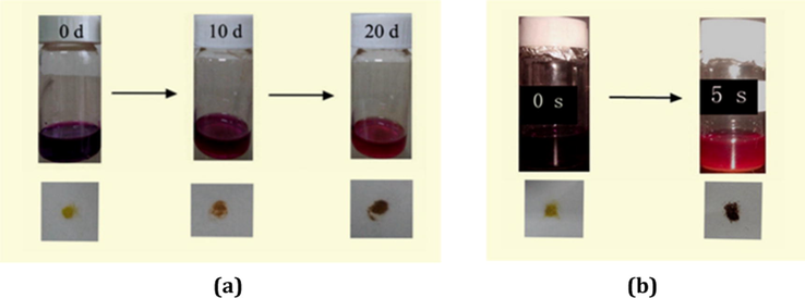 Time vs solution color images, and time vs sample color images for 1 (a) and 3 (b).