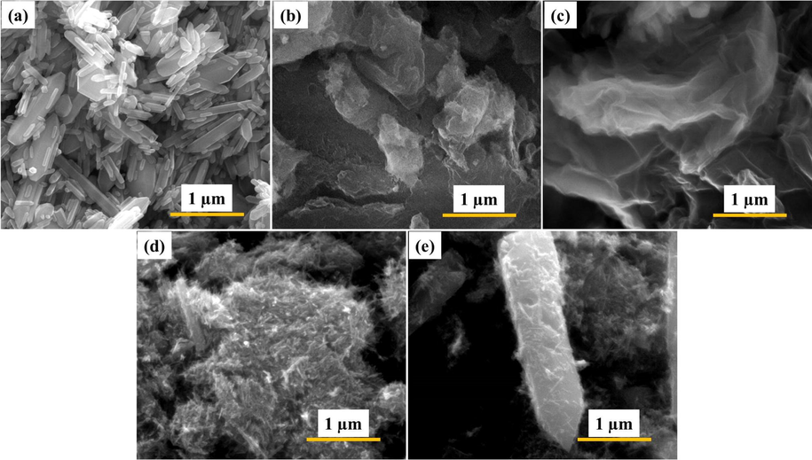 FESEM images of (a) ZnO nanorod; (b) g-C3N4; (c) GO; (d) ZC6 binary nanocomposite (e) ZC6G30 ternary nanocomposite.