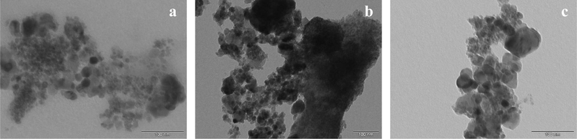 Transmission electron microscopy of the samples: (a) PM, (b) MM and (c) GM.