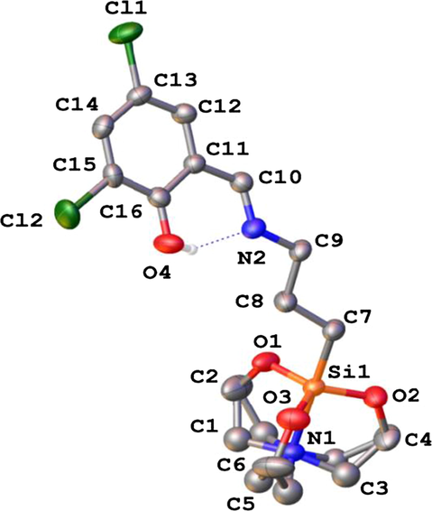 X-ray molecular structure of compound 1 with atom labeling scheme and thermal ellipsoids at 50% probability level. Non-relevant H-atoms are omitted for clarity.