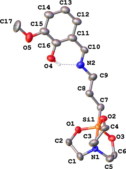 X-ray molecular structure of compound 2 with atom labeling scheme and thermal ellipsoids at 50% probability level. Non-relevant H-atoms are omitted for clarity.