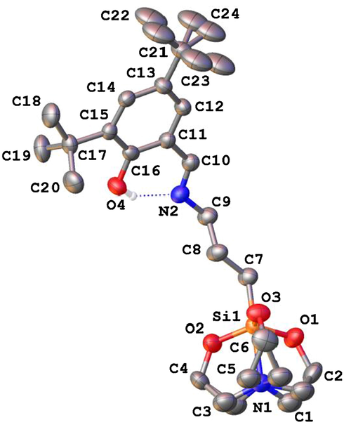 X-ray molecular structure of compound 3 with atom labeling scheme and thermal ellipsoids at 50% probability level. Non-relevant H-atoms are omitted for clarity.