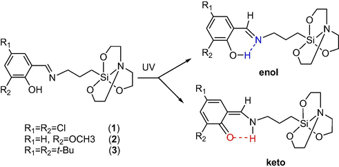 Molecular structures of 1, 2 or 3 compounds in the corresponding tautomeric species discussed in the text.