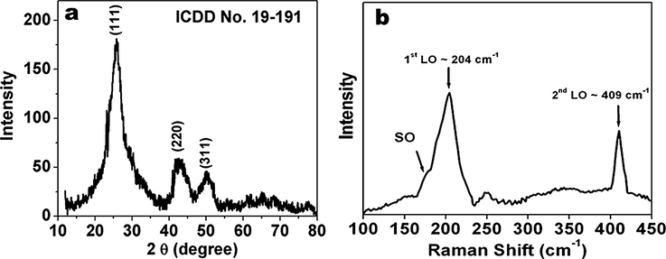 (a) XRD pattern and (b) Raman spectra of CdSe QDs.