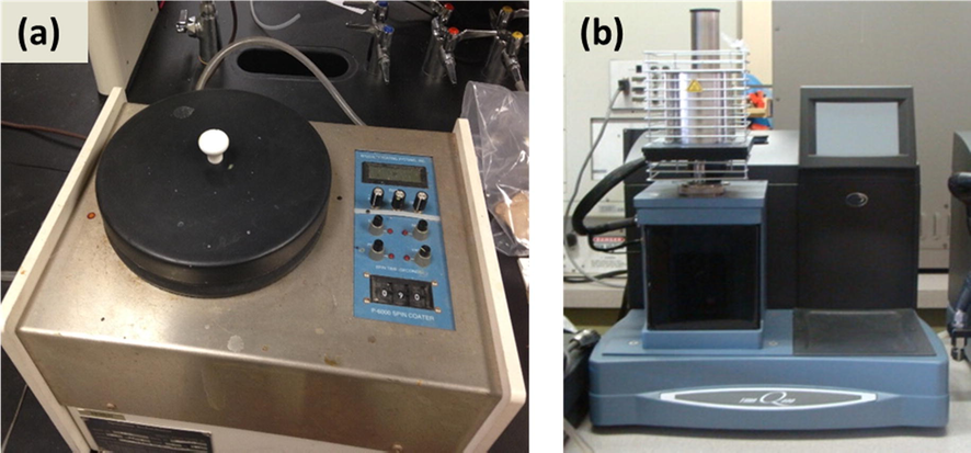 Machine tests: (a) Spine coating device (b) Thermal mechanical analysis (TMA) device.