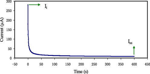 Polarization current versus time for the maximum conducting (PGNC-4) CPE film.