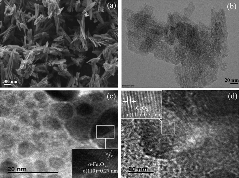 SEM image of (a) NSA, TEM images of (b) NSA, (c) Ce10Fe90/NSA, and (d) Ce70Fe30/NSA.