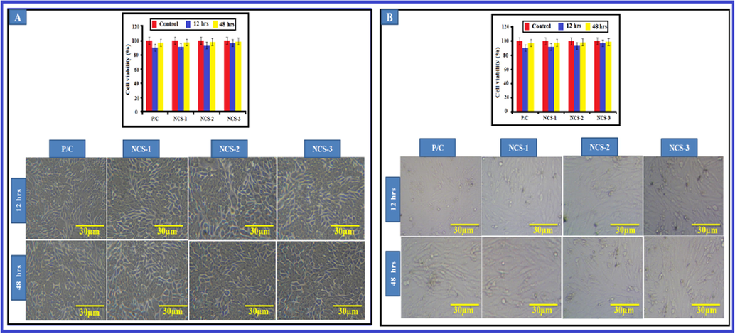 Viability of nano-composites with different cell lines (A) NIH3T3 cells and (B) MG-63 cells. The cell viability of Ga-HA/C/P exposed NIH3T3 and MG-63 cells were demonstrated in Fig. 6. These consequences recommended that cell viability was not affected by the supplementation of Ga-HA/C/P. Values are depicted as mean ± SD of triplicate values analyzed by one was ANOVA subsequently DMRT test.