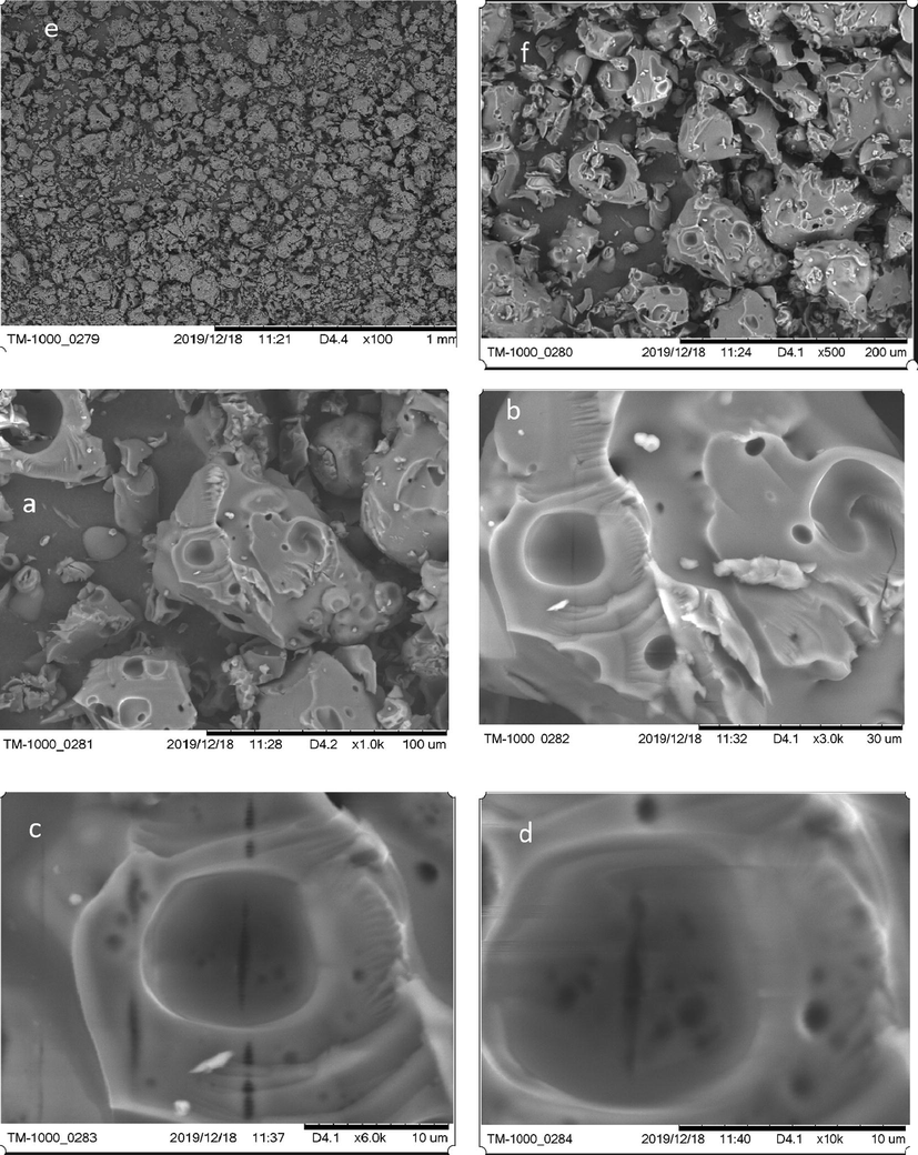 Micrography of Acacia gum at 6 magnifications: a) 1000×, b) 3000×, c) 6000× and d) 10,000×, e) 100×, f) 500×.