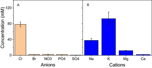 Content of anions (A) and cations (B) presented in the aqueous extract of waste Nypa fruticans fruit husk.