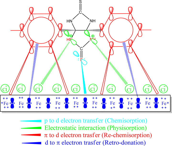 The pictorial representation of the inhibition mechanism of the TTHIIDT molecule on a carbon steel surface in a HCl environment.