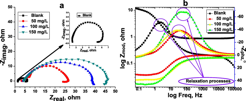 Nyquist (a), phase angle and Bode (b) plots for carbon steel in the inhibitor-free and the inhibitor-containing 1 M HCl medium at different concentrations of the inhibitor TTHIIDT.