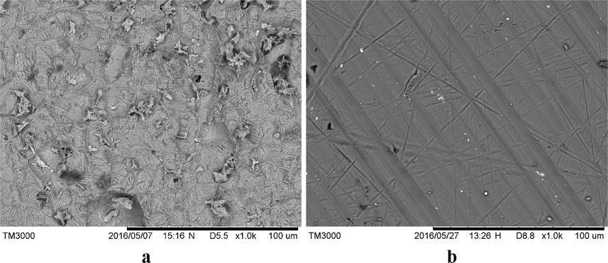 SEM micrographs for carbon steel in the inhibitor-free (a) and the inhibitor-containing (b) 1 M HCl medium at the optimum concentrations of the inhibitor TTHIIDT.