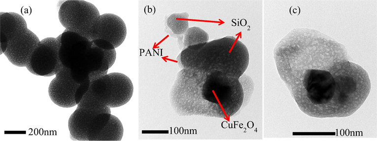 TEM of (a) SiO2 and (b, c) SiO2/CuFe2O4/PANI composite.