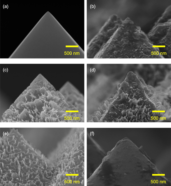 SEM images of black silicon with the AgNO3 concentration of (a) 0 (original), (b) 0.015, (c) 0.03, (d) 0.045, (e) 0.06, and (f) 0.075 M.