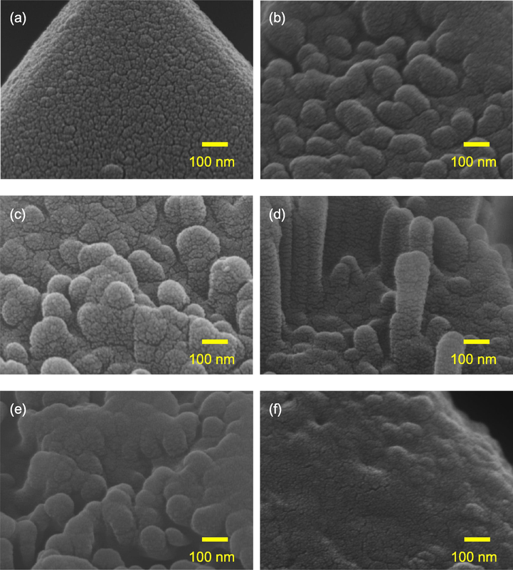 SEM images of SiNx/Al2O3-passivated black silicon with the AgNO3 concentration of (a) 0 (original), (b) 0.015, (c) 0.03, (d) 0.045, (e) 0.06, and (f) 0.075 M.