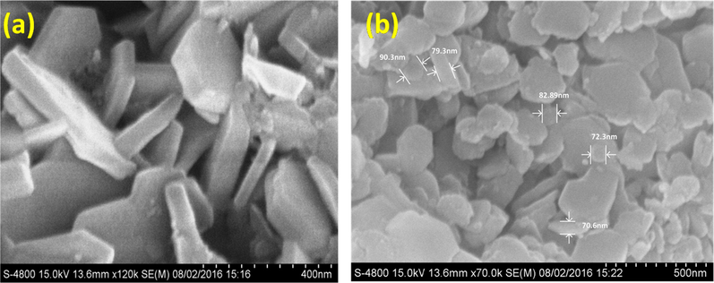 (a) Closed FE-SEM image, and (b) FE-SEM images of nano flake ZnAlONPs with size 70–90 nm.