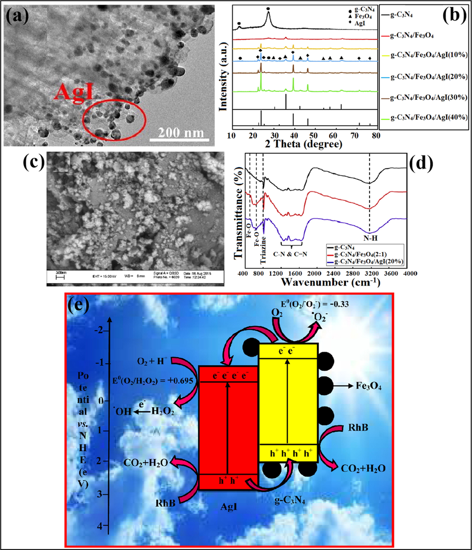 (a) TEM imaginings of AgI/g-C3N4 nanocomposite; reproduced with permission from Elsevier (Licence no. 4750100779496) (Lei et al., 2016), (b) XRD pattern of g-C3N4/Fe3O4/AgI nano-hybrid, (c) SEM analysis explained loading of Fe3O4 and AgI particles on g-C3N4 sheet, (d) FTIR studies confirming Fe-O bond, and (e) Photocatalytic degradation mechanism of as-prepared photocatalyst; reproduced with permission from Elsevier (Licence no. 4750110390251) (Akhundi and Habibi-Yangjeh, 2016).