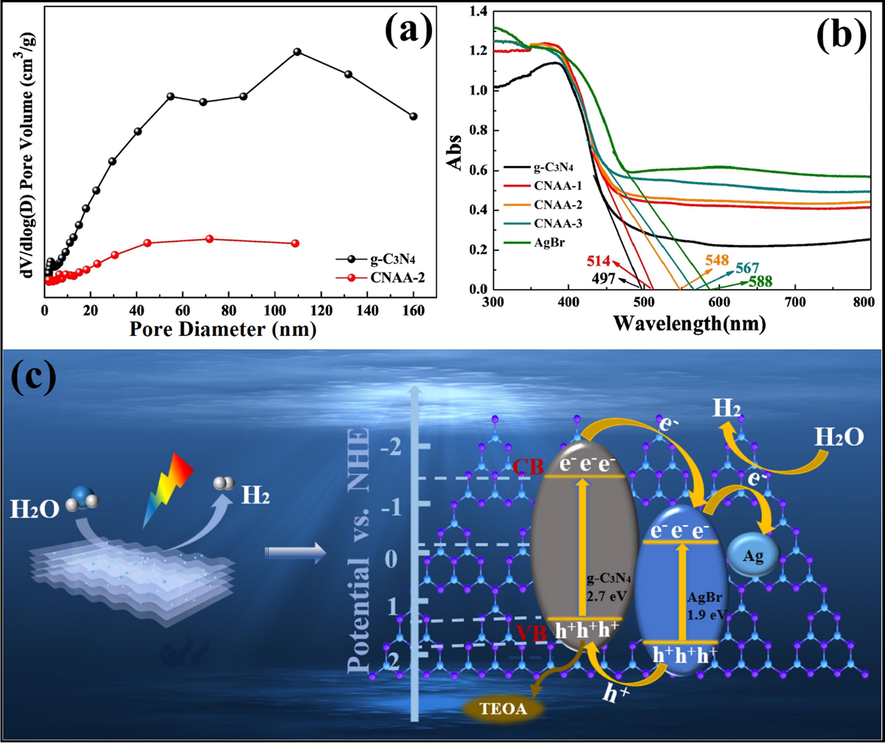 (a) BET surface area of g-C3N4-Ag/AgBr nano-heterostructure, (b) UV–Visible spectra revealing deposition of AgBr onto g-C3N4 NS, and (c) Mechanistic insight of charge transfer and generation of reactive radical species in g-C3N4-Ag/AgBr nanohybrid; reproduced with permission from Elsevier (Licence no. 4752990867947) (Li et al., 2019).