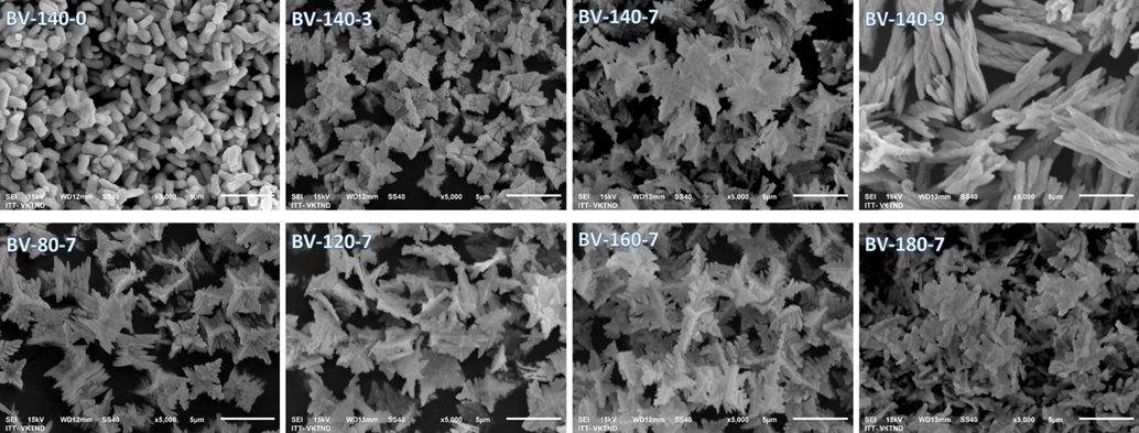 SEM images of BiVO4 samples synthesized at different temperature (A) and pH (B).