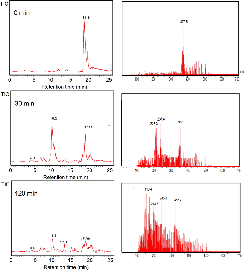 LCMS analysis results from photocatalytic degradation of MV.