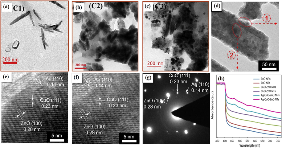 TEM image of curcumin functionalized CuO/Ag samples with distinct amount of alkaline curcumin i.e. (a) 1.95 × 10−4 M, (b) 1 × 10−4 M, (c) 1 × 10−3 M, (d) TEM image of Ag/CuO/ZnO nanotubes composites, (e) HRTEM photos of areas introduced by red circles in (d) in respect of inner and outer surfaces and (f) SAED pattern of nanocomposite mentioned in (d) and (g) UV–Visible spectrum of pure ZnO nanotubes and nanorods, binary (CuO/ZnO) and ternary composite of Ag/CuO/ZnO nanotubes and nanorods. (Reprinted with permission from Ref. Kumar et al. (2019a, 2019b), Xu et al. (2017) and copyright with License Id. 4774840674530 and Royal society of chemistry).