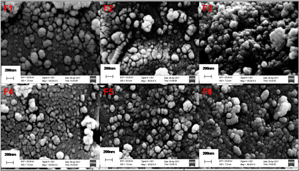 SEM images of TiO2 nanoparticles for samples F1- F6.