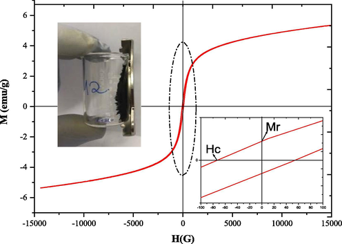 Hysteresis curves (M × H) measured from the ZnO-Ni0.5Zn0.5Fe2O4-Fe2O3 catalyst.