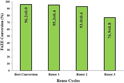 Results of reuse tests obtained from the ZnO-Ni0.5Zn0.5Fe2O4-Fe2O3 magnetic catalyst in TES reactions.