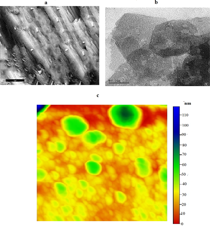 (a) SEM (b) TEM (c) AFM of of nano-bentonite.