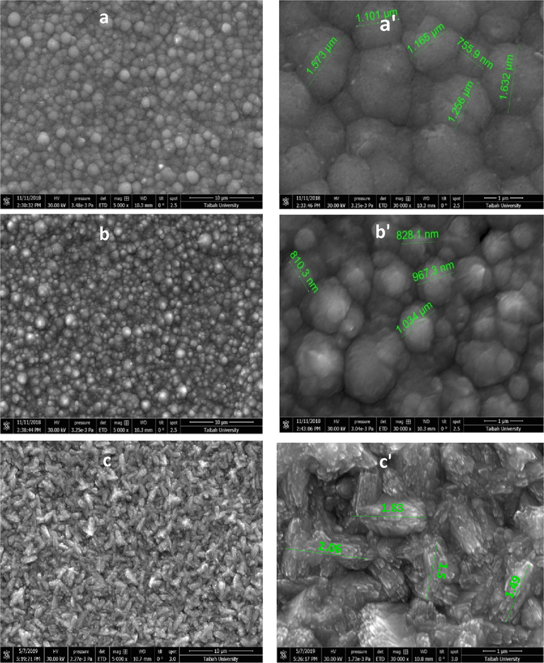 SEM images, high magnification SEM of (a,a') Ni-Co7 alloy (free IL), (b,b') Ni-Co8, alloy (with 1 × 10−5 M [MOFIM]I), (c,c') Ni-Co9 alloy (with 1 × 10−5 M [FPIM]Br).