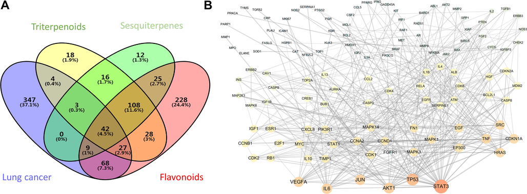 Drug-disease interaction network analysis (A) Screening of guava leaf-lung cancer common gene. (B) Topological analysis of drug-disease interactive gene network.