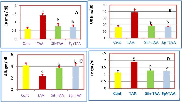 Effects of pretreatment with Eg and Sil, A: On serum CR of TAA-treated rats, B: On serum UR of TAA treated rats, C: On Alb of TAA-treated rats, D: On TP of TAA-treated rats.