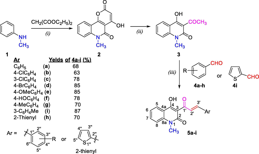 Reaction conditions: (i) Diphenyl ether, 5 h, under reflux; (ii) NaOH 40%, glycerol, 1 h, reflux; (iii) Piperidine, abs. EtOH, under reflux for 32–38 h; where, 4a-i, 5a-i: R = C6H4 (a), 4-ClC6H4 (b), 3-ClC6H4 (c), 4-BrC6H4 (d), 4-MeOC6H4 (e), 4-HOC6H4 (f), 4-MeC6H4 (g), 3-MeC6H4 (h), 2-thienyl (i).