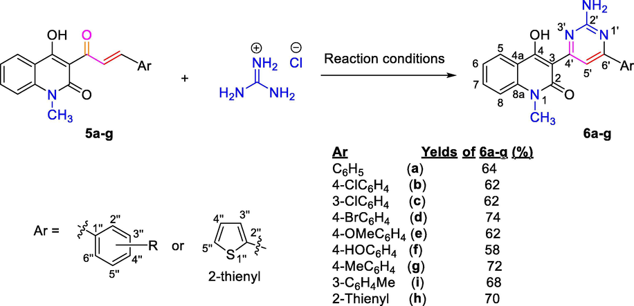 Reaction conditions: NaHCO3, dried DMF, 70 °C, 48–62 h; where, 5a-i, 6a-i: R = C6H4 (a), 4-ClC6H4 (b), 3-ClC6H4 (c), 4-BrC6H4 (d), 4-MeOC6H4 (e), 4-HOC6H4 (f), 4-MeC6H4 (g), 3-MeC6H4 (h), 2-thienyl (i).