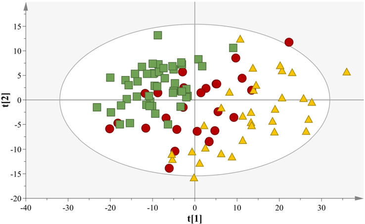 PCA model comparing samples of different animal origin, N = 107, A = 2, R2X(cum) = 0,80, Q2(cum) = 0,54. The animal species classification is depicted using different symbols: (Green box: Cow; Red circle: Goat; Yellow triangle: Sheep).