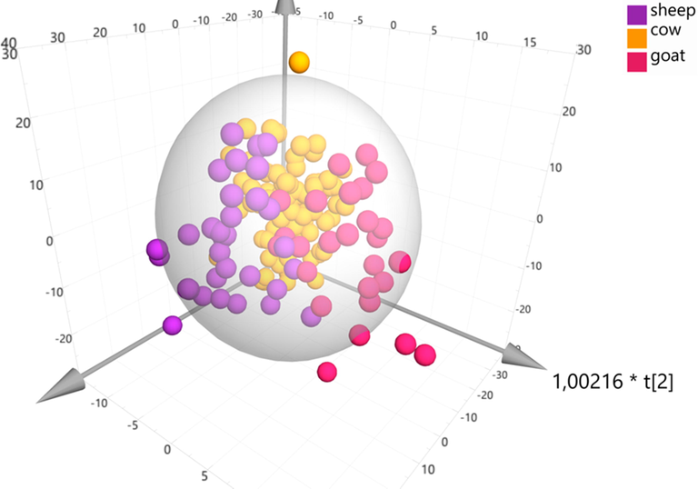 OPLS-DA model comparing samples of different animal origin, A = 2 + 1, N = 107, R2Xcum) = 0,98, Q2(cum) = 0,76.