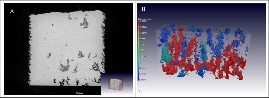 Images of tree-like voids grown in the build direction, with unconsolidated powder trapped inside the closed voids: (a) slice view and (b) 3D rendering. Reproduced with permission from du Plessis et al. (2018).